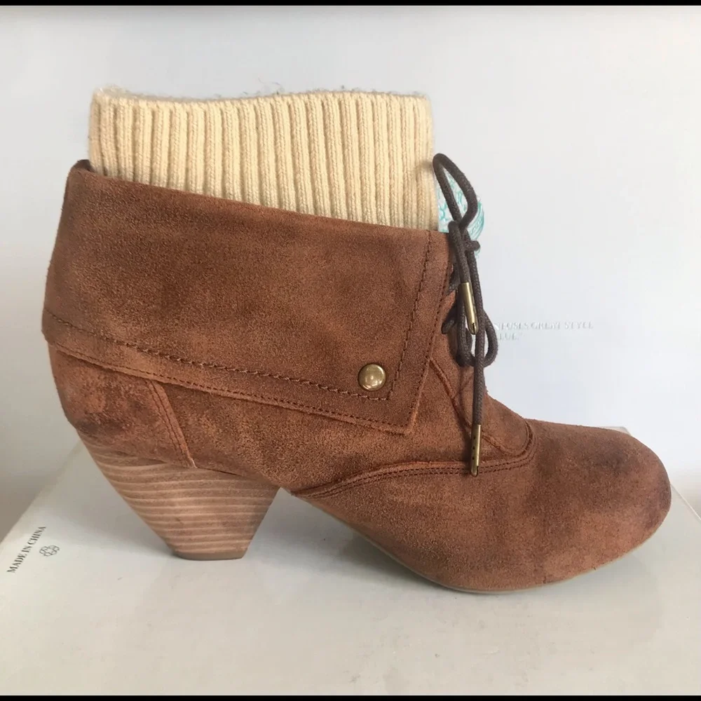 DR. SCHOLL'S BROWN SUEDE SWEATER KNIT LACE-UP ANKLE BOOT 7.5 NEW